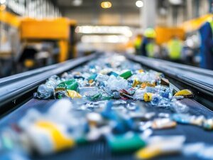 Conveyor belt in a recycling plant sorting through plastics metals and paper waste materials for efficient processing and reuse Workers in the background oversee the automated sorting and recovery