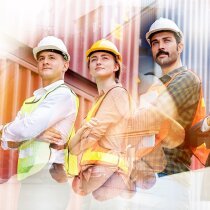 Team Construction or engineering group and worker. Teamwork and determination to succeed. Safety hard hat to prevent accident while working Transport and Container Team. Concept Restart and new Normal