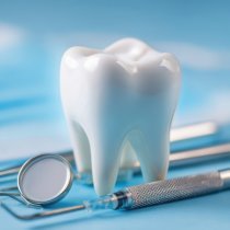 The essential dental tools and a healthy tooth on a blue background.
