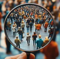 Magnifying glass focusing on diverse crowd