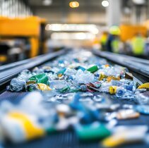 Conveyor belt in a recycling plant sorting through plastics metals and paper waste materials for efficient processing and reuse Workers in the background oversee the automated sorting and recovery